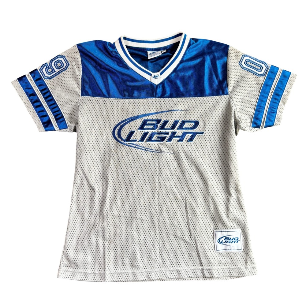 Bud Light‎ Mens Football Jersey Silver Blue Mesh Embroidered Logo Runs Small